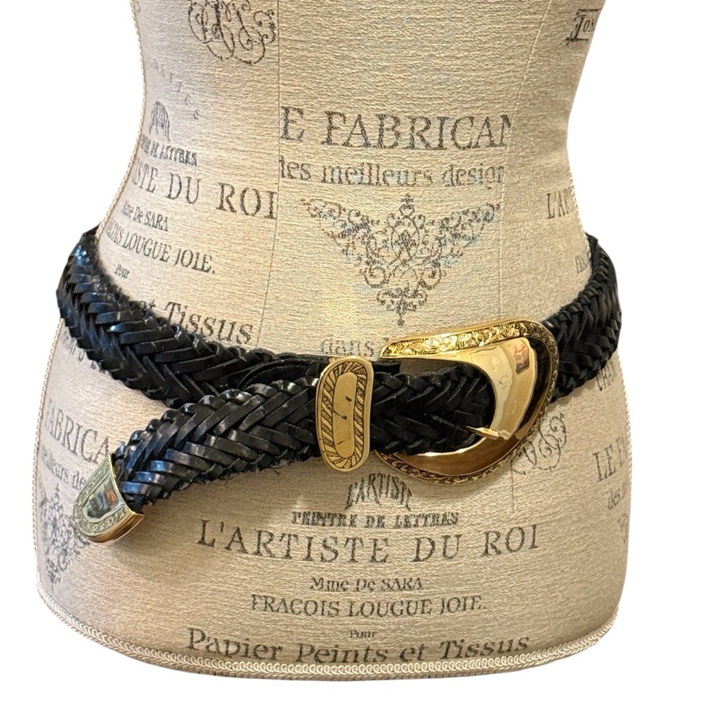 Vintage Captiva Black Braided Leather Belt with Statement Gold Buckle Large